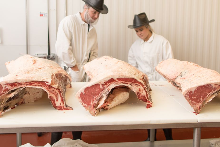 Students Joshua Hering and Brooklyn Wurm judge beef loins at the Robert M. Kerr Food and Agricultural Product Center at Oklahoma State University in Stillwater. Most of the students wear cowboy-style hard hats at the meat plant. Photo by Brent Fuchs