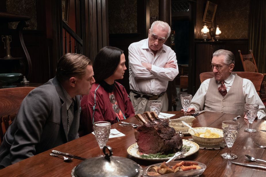 Leonardo DiCaprio, Lily Gladstone, Martin Scorsese, and Robert De Niro on the Osage County set of Killers of the Flower Moon. Photo courtesy Apple