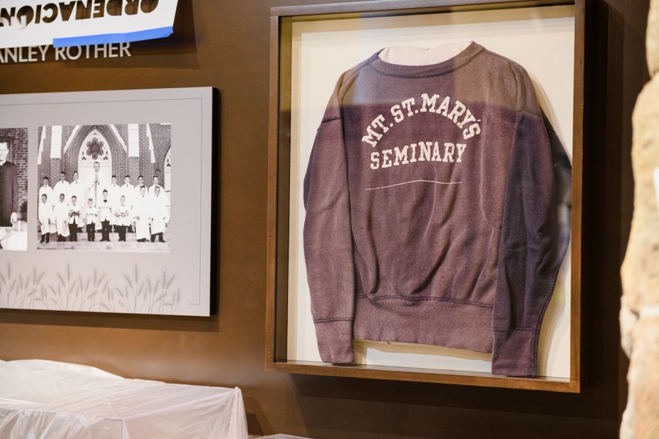 Blessed Stanley Rother's Mount Saint Mary's sweatshirt is one of many personal items in the Blessed Stanley Rother Shrine museum. Photo by Avery Holt, Archdiocese of Oklahoma City