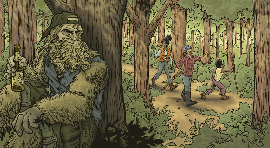 Whether he’s real or not, the figure of Bigfoot looms large in the folklore and tourism of southeastern Oklahoma. Illustration by Jerry Bennett