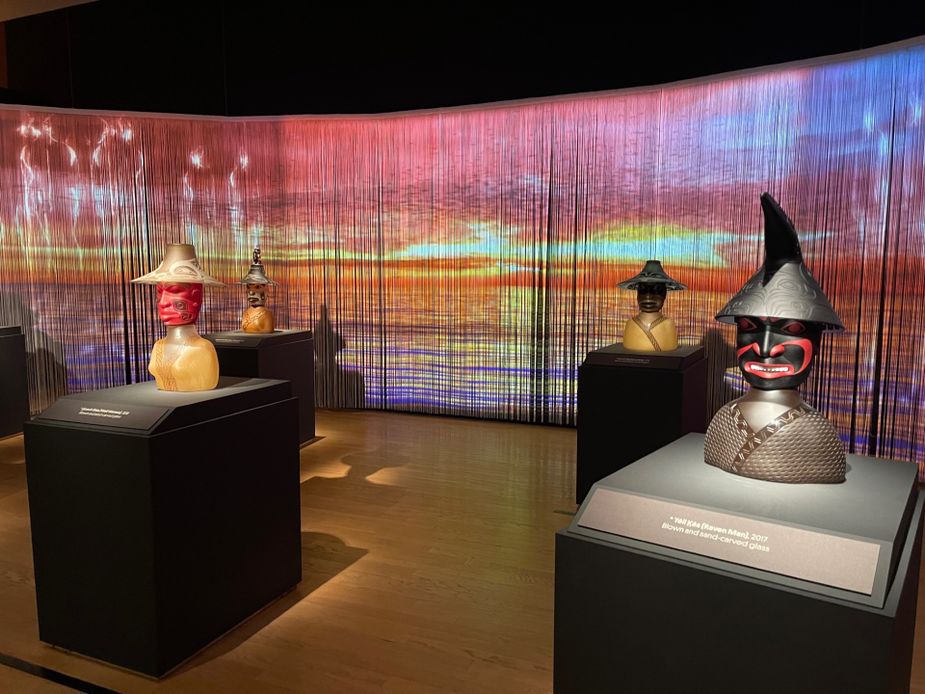 A few of many intricate glass busts in the temporary exhibition Preston Singletary: Raven and the Box of Daylight. Photo by Kiersten stone