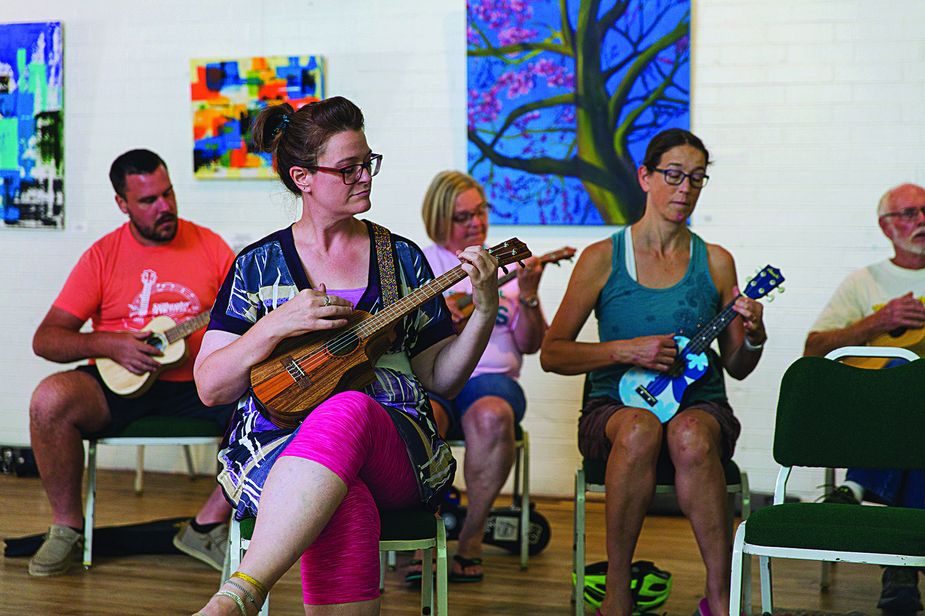 The Stillwater Ukulele Association holds meet-ups at 5:30 p.m. the third Tuesday each month at Modella Art Gallery in Stillwater. Photo by Brent Fuchs